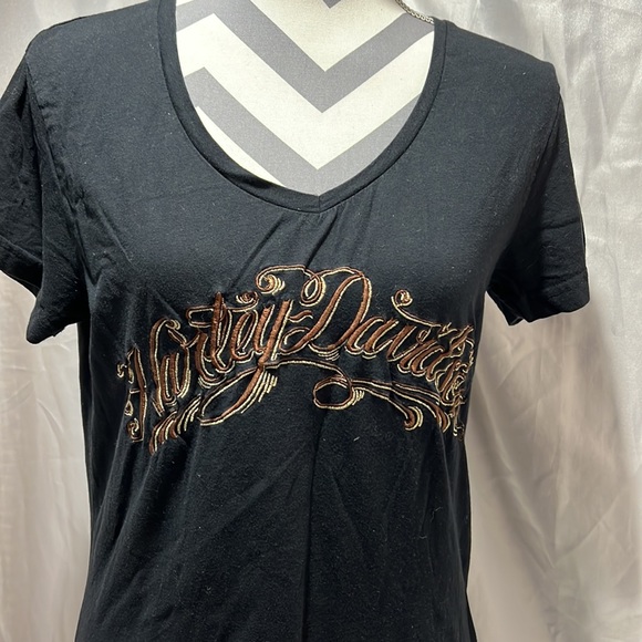 Black Harley Davison T-Shirt Embroidered With Gemstones - Picture 3 of 5